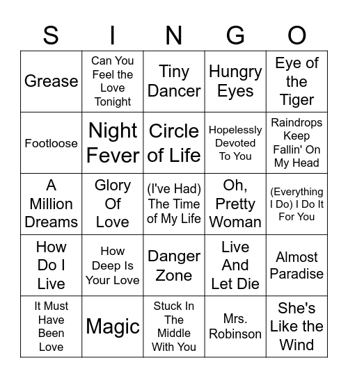Movie Singo Bingo Card