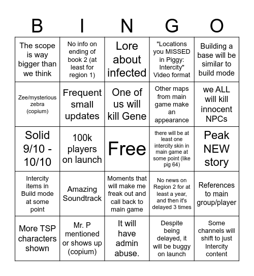 Piggy: Intercity Bingo Card