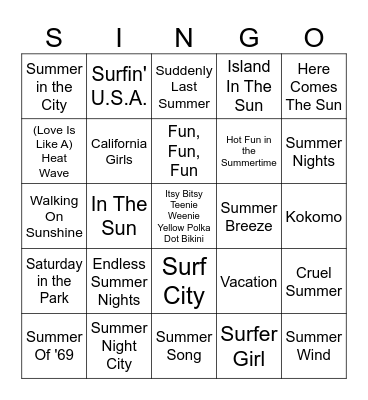Summer Singo Bingo Card