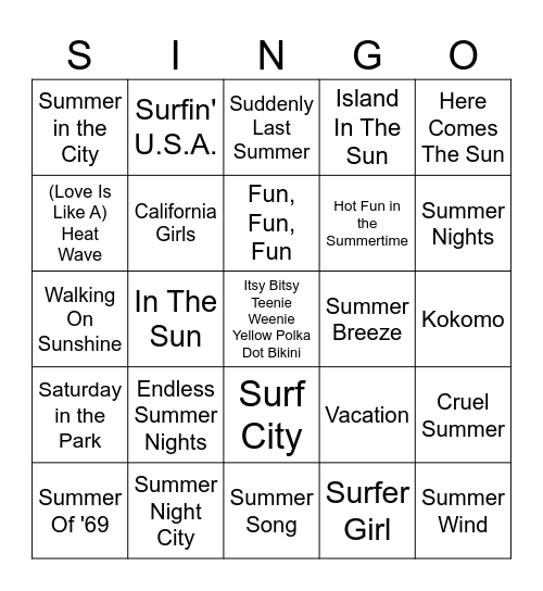 Summer Singo Bingo Card