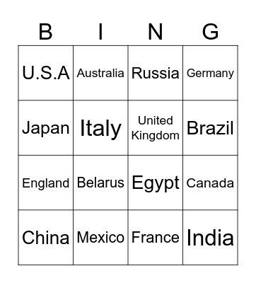 Country Bingo Card