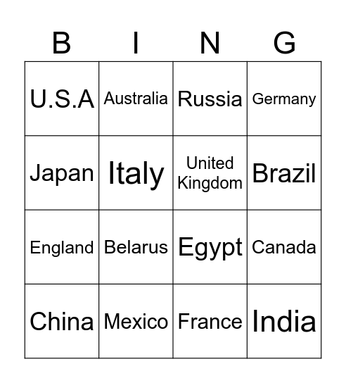 Country Bingo Card