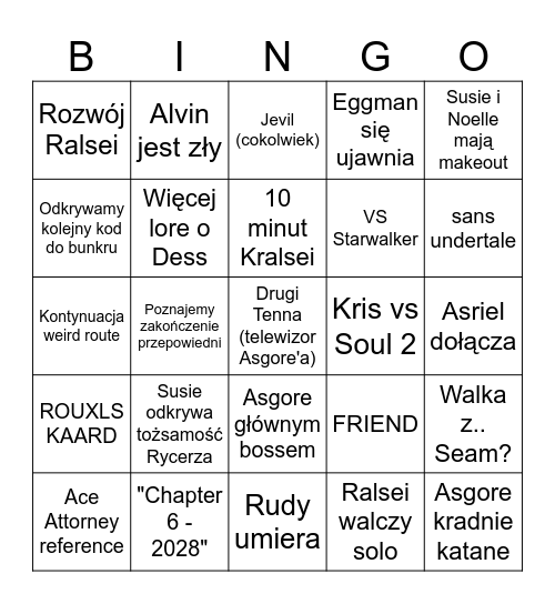 Deltarune Chapter 5 Bingo Card