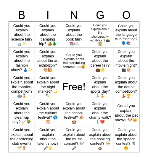 B21 L12 Could you explain about the talent show? 🎤🌟 Bingo Card