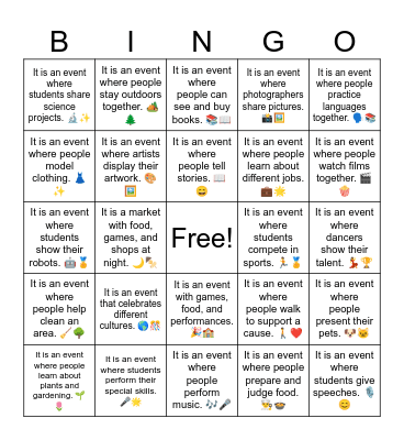 B21 L12 It is an event where people perform music. 🎶🎤 Bingo Card