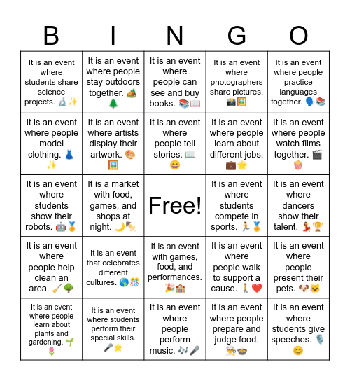 B21 L12 It is an event where people perform music. 🎶🎤 Bingo Card