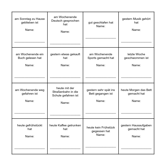 Perfekt Bingo Card