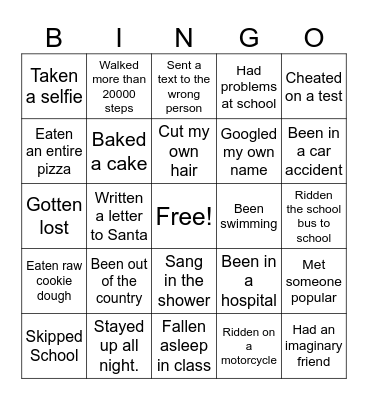 Never Have I Ever Bingo Card