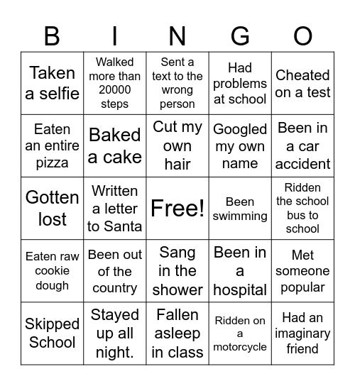 Never Have I Ever Bingo Card