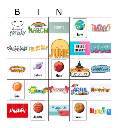 Days/Months Bingo Card