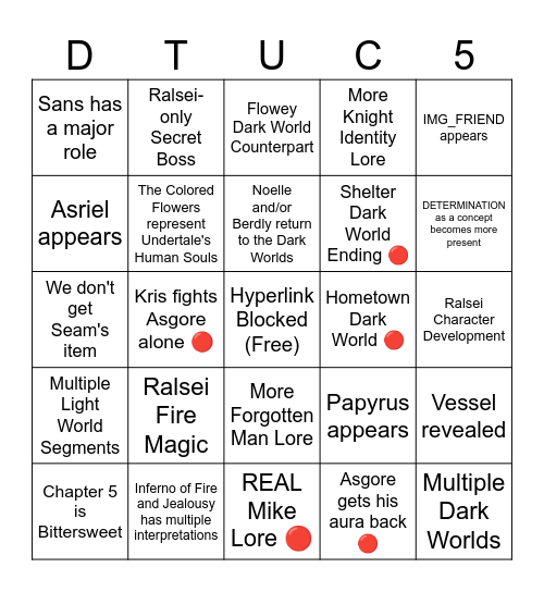 Deltarune Chapter 5 Predictions Bingo Card