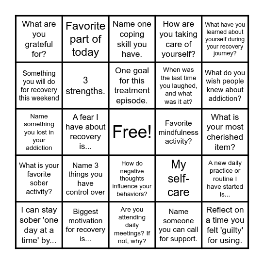 Substance Use Recovery Bingo Card