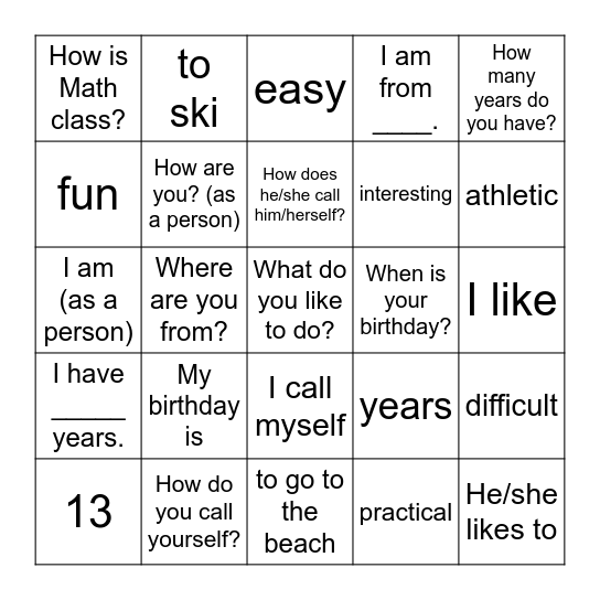 SPANISH 8 SPEAKING REVIEW Bingo Card