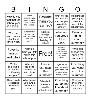 Last Day of School Bingo Card