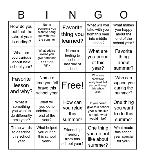 Last Day of School Bingo Card
