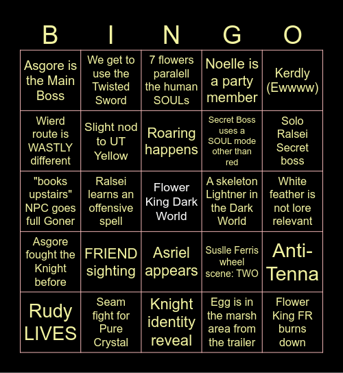 Deltarune CH5 Predictions Bingo Card