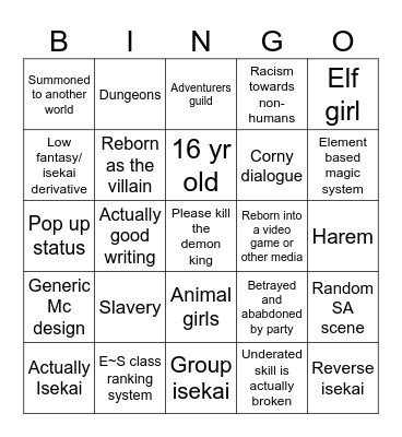 Isekai Bingo Card