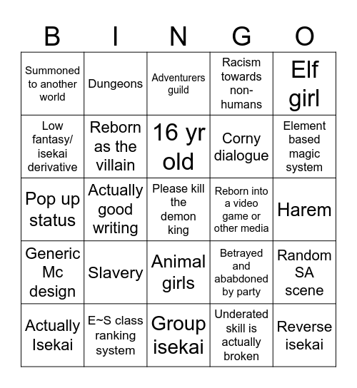 Isekai Bingo Card