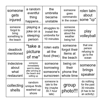 summer beach trip Bingo Card
