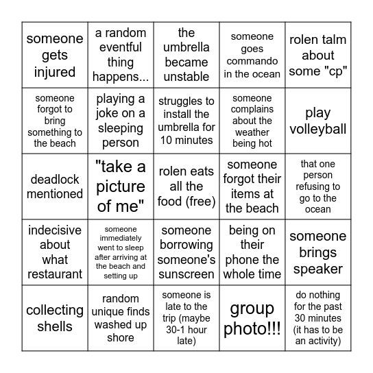 summer beach trip Bingo Card
