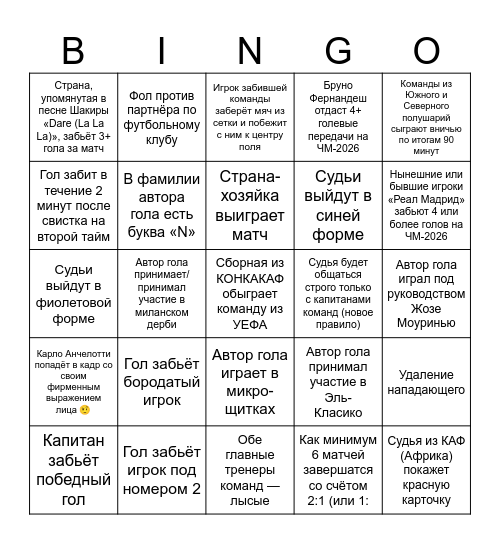 FIFA World Cup 2026 Bingo 🇲🇽🇺🇸🇨🇦 Bingo Card