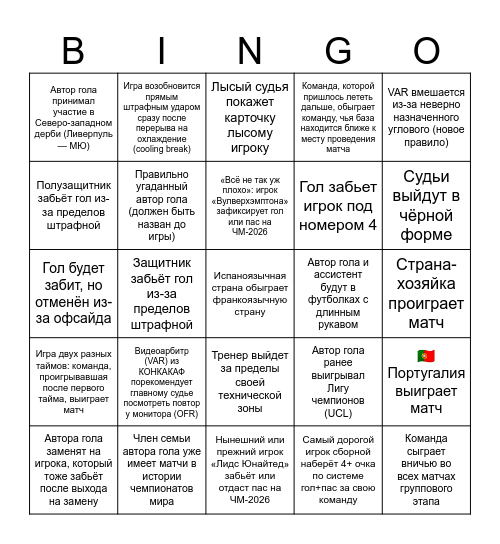 FIFA World Cup 2026 Bingo 🇲🇽🇺🇸🇨🇦 Bingo Card