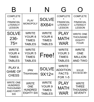 MATH BINGO CHACHA Bingo Card