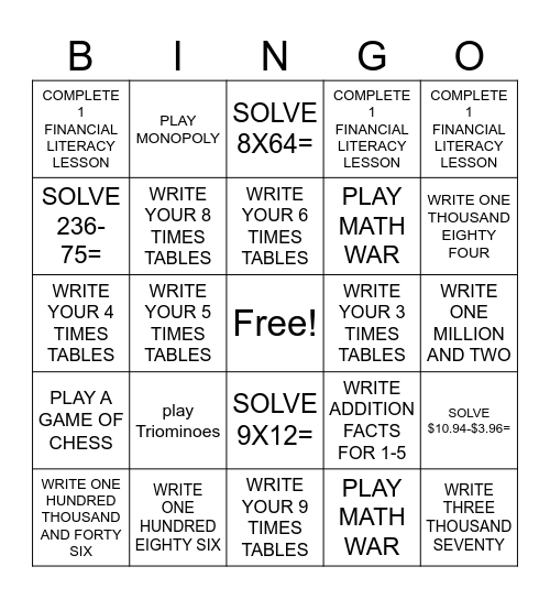 MATH BINGO CHACHA Bingo Card