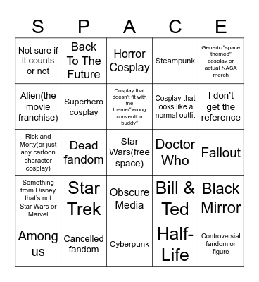 Spacecon Bingo(aka what fandoms will I see at this convention, either by cosplay or by them being involved directly) Bingo Card