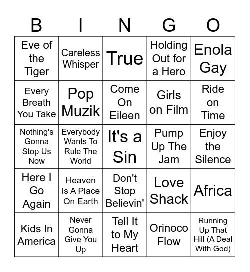 🛼 DJ STURDY THIGHS: 80's 🛼 Bingo Card