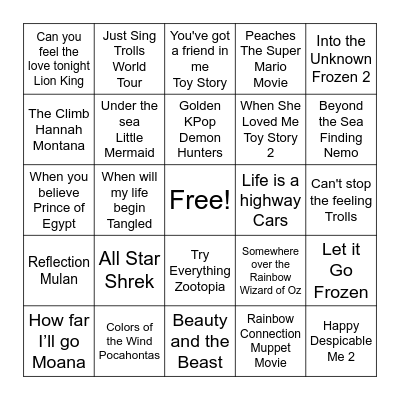 Kids Movie Music Bingo Card