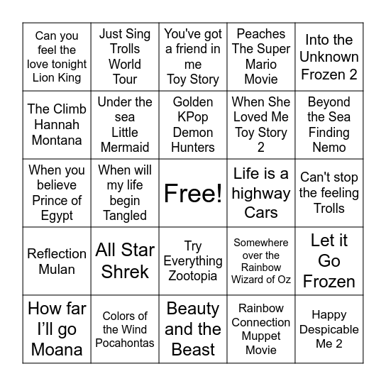 Kids Movie Music Bingo Card