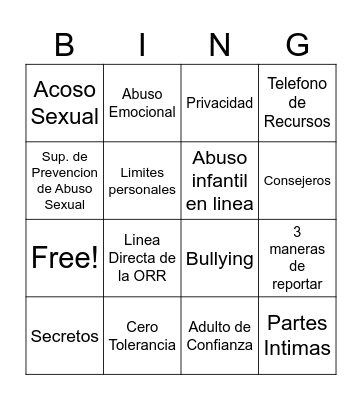 Prevencion del Abuso Sexual Bingo Card