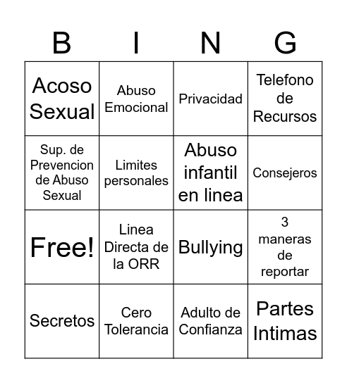 Prevencion del Abuso Sexual Bingo Card