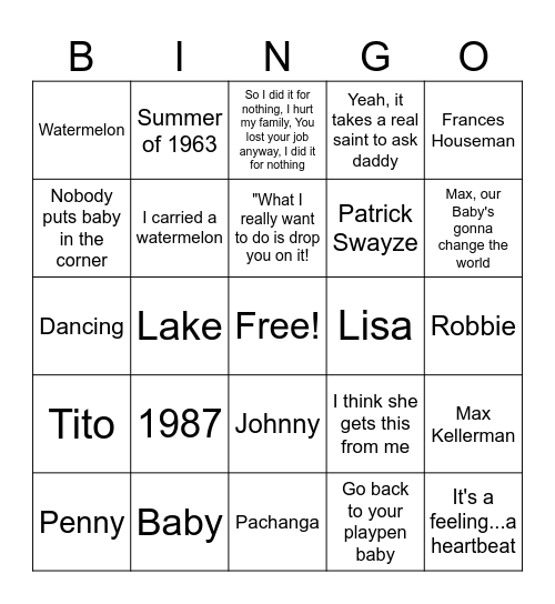 Dirty Dancing Bingo Card