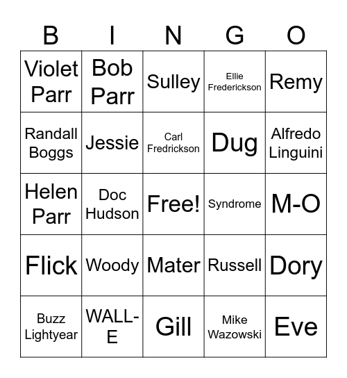 Favorite Pixar Characters Bingo Card