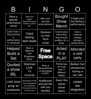 Musical Theatre Bingo Card