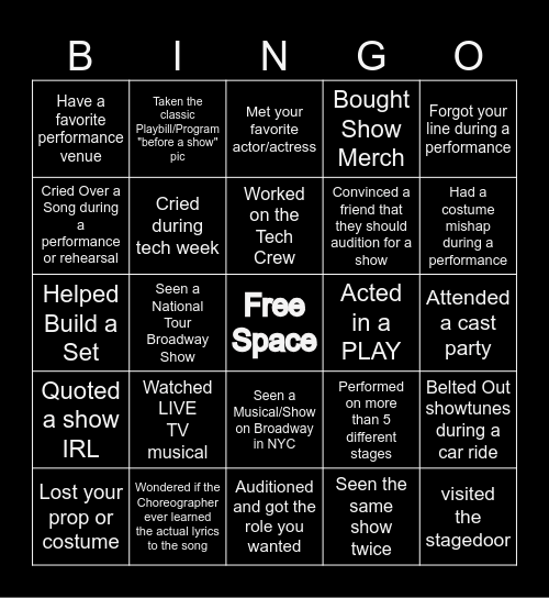 Musical Theatre Bingo Card