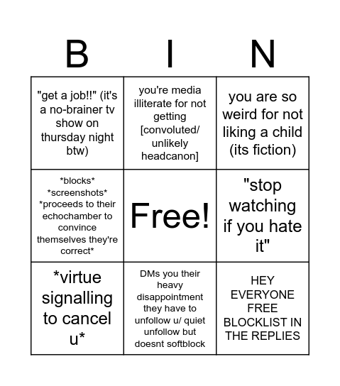 i can't stand people having opinions about a tv show bingo Card