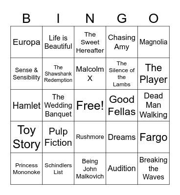 Greatest Films of the 90's Bingo Card