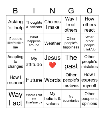 Self-Control Bingo Card