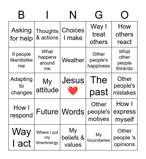Self-Control Bingo Card