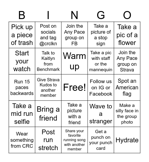Any Pace Run BINGO Card