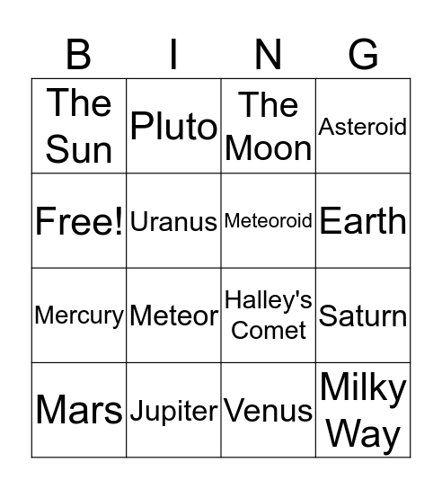 solar system bingo Card