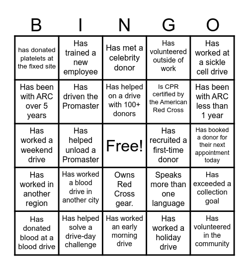 Human Red Cross Bingo Card