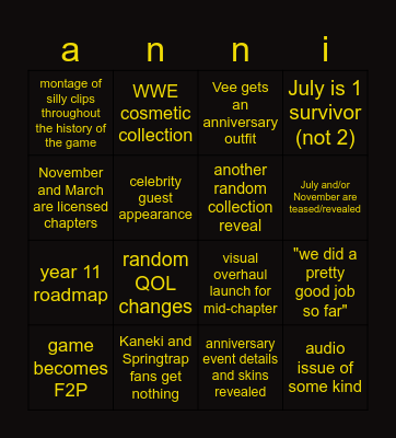 DBD stream Bingo Card