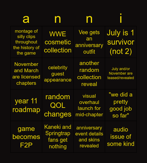 DBD stream Bingo Card