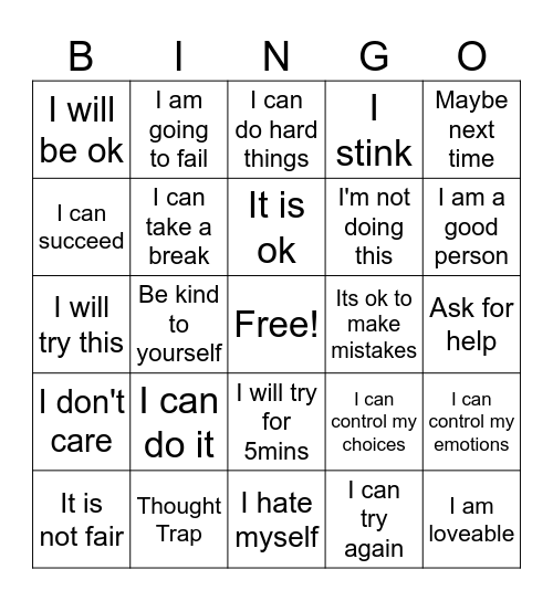 POSITIVE/NEGATIVE THOUGHT BINGO Card