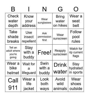 Summer Safety Bingo Card