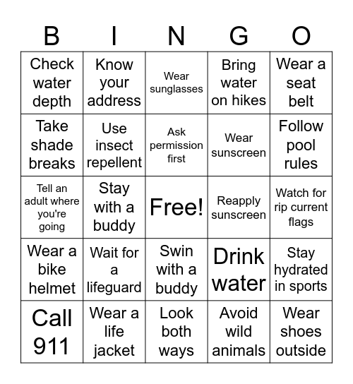Summer Safety Bingo Card